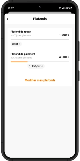 Aperçu de l'App Orange Bank : paramétrage de vos plafonds de paiements et retraits