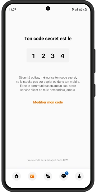 Aperçu de l'App Orange Bank : Personnalisation du code de votre carte bancaire
