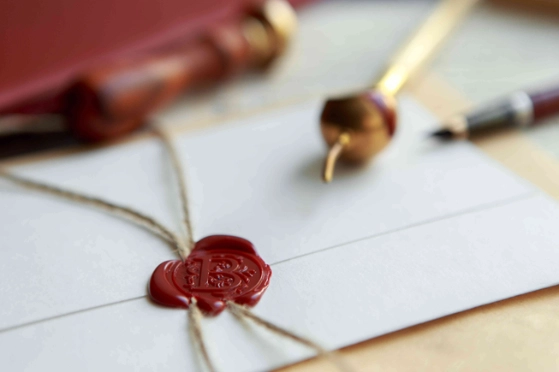Une lettre cachetée à la cire, un tjanting et un stylo plume