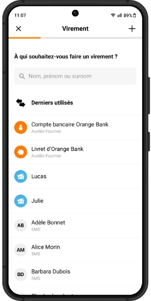 Aperçu de l'App Orange Bank : Virement d'argent par SMS